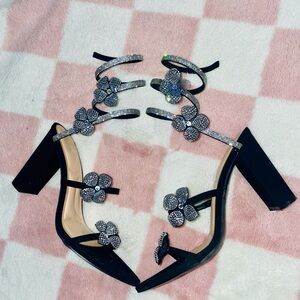 Chic Black Heels with Rhinestone Floral Accents